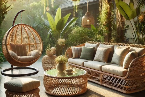 DALL·E 2025-02-10 14.59.14 - A beautiful outdoor patio setup featuring elegant rattan furniture. The scene includes a stylish rattan sofa set with plush beige cushions, a glass-to